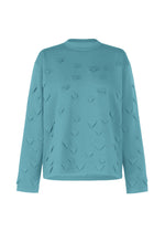 The 3D△ KNIT by HaaT is a teal long-sleeved wool-blend top with a crew neck, featuring an embossed pattern of small, raised V-shapes across the front, sleeves, and sides. - CYAN （no.73）