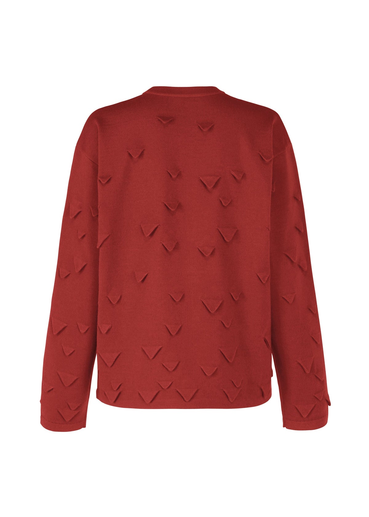 The HaaT 3D△ KNIT is a red, long-sleeved top with a textured pattern of small, raised V-shapes across its wool-blend fabric, shown from the back. view 4 of 9