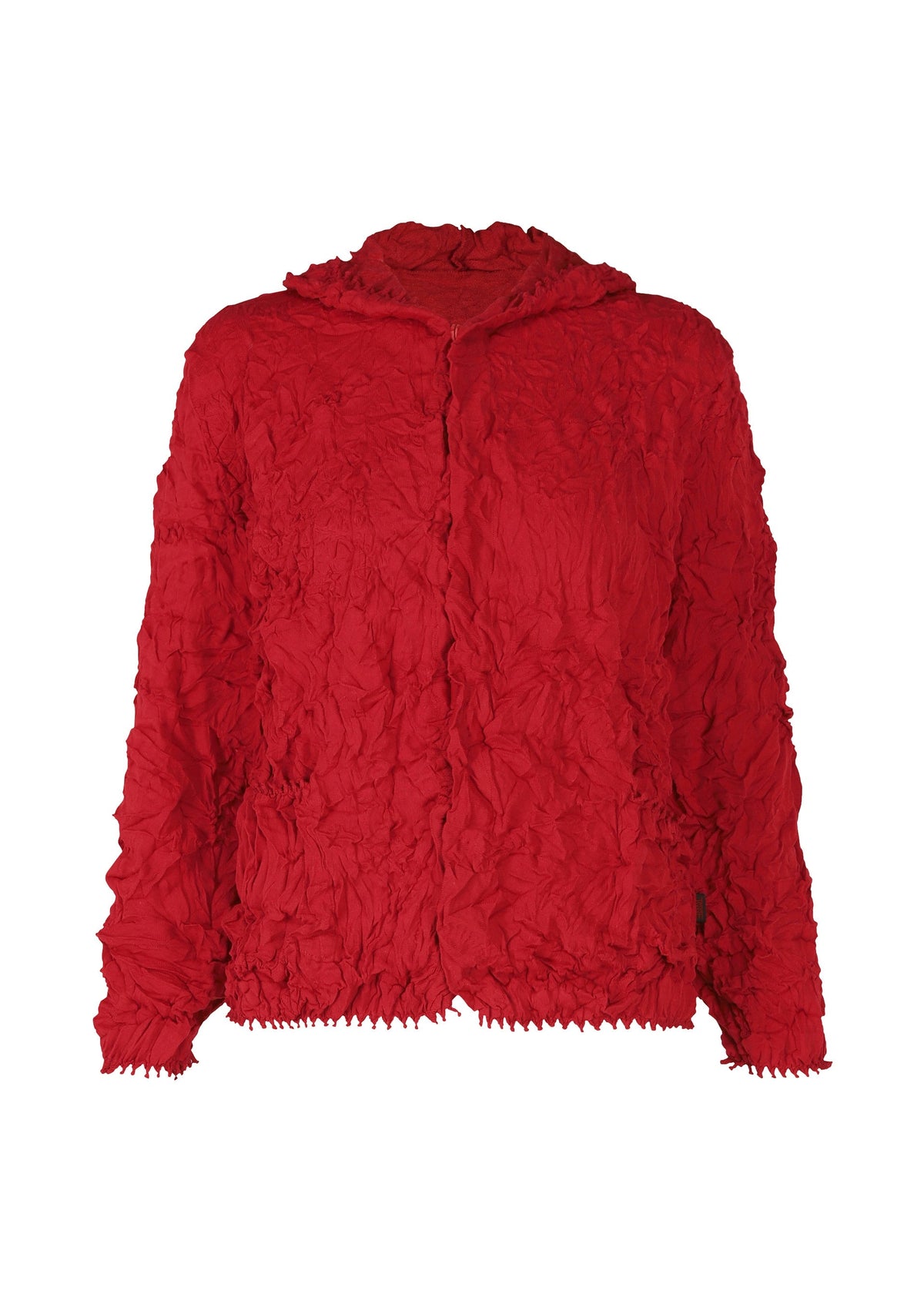 The HaaT KUMO SHIBORI KNIT is a bright red, long-sleeved parka with textured, crinkled fabric, a collar, loose fit, and wavy edges at the cuffs and hem. Made from recycled polyester. view 2 of 9