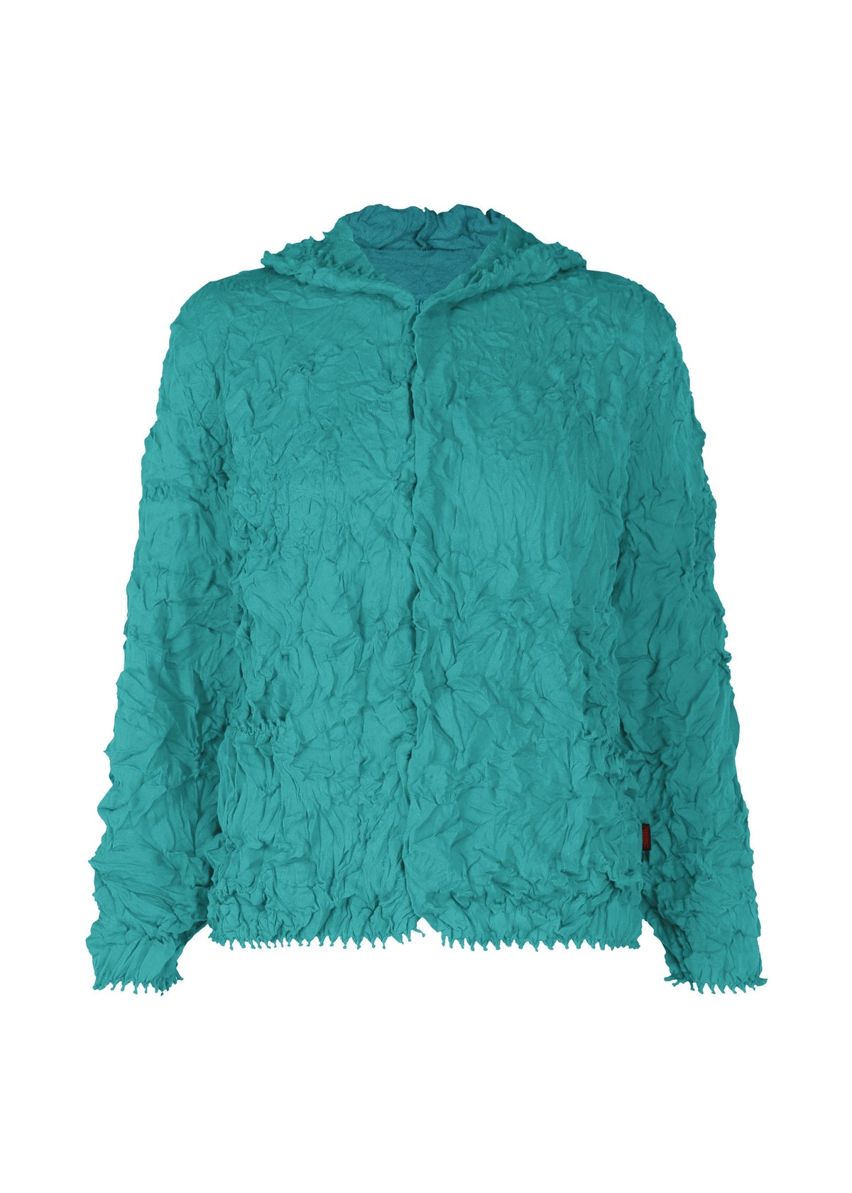 The HaaT KUMO SHIBORI KNIT is a teal hooded parka made from recycled polyester with crinkled texture, long sleeves, ruffled edges, an irregular look, and no visible front buttons or zippers. view 3 of 9