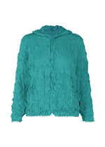 The HaaT KUMO SHIBORI KNIT is a teal hooded parka made from recycled polyester with crinkled texture, long sleeves, ruffled edges, an irregular look, and no visible front buttons or zippers. - TURQUOISE （no.74）