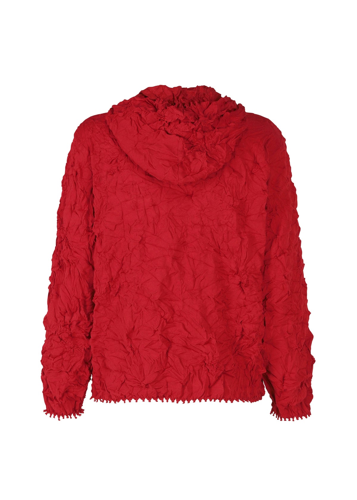The HaaT KUMO SHIBORI KNIT is a red parka crafted from recycled polyester, featuring long sleeves and an uneven, crinkled hem and cuffs inspired by Kumo Shibori techniques. Shown from the back for its unique textured detail. view 4 of 9