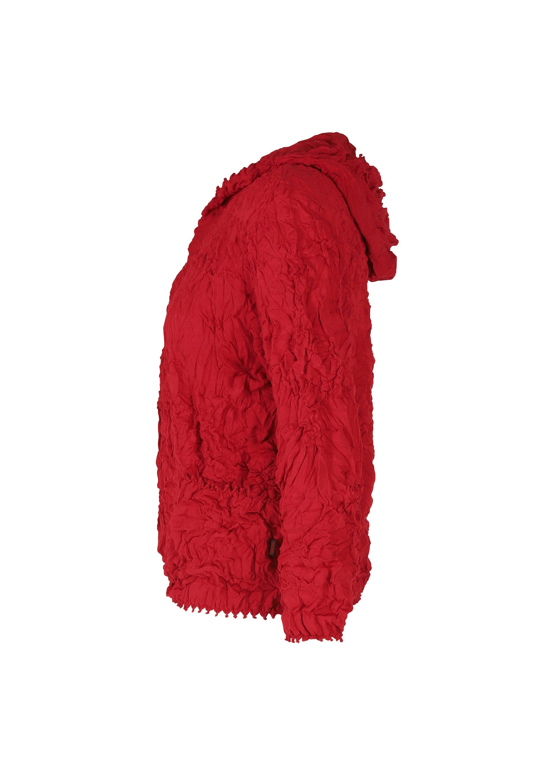 Zoomed view The HaaT KUMO SHIBORI KNIT is a bright red, long-sleeve parka with crinkled, textured recycled polyester fabric, shown from the side against a white background.