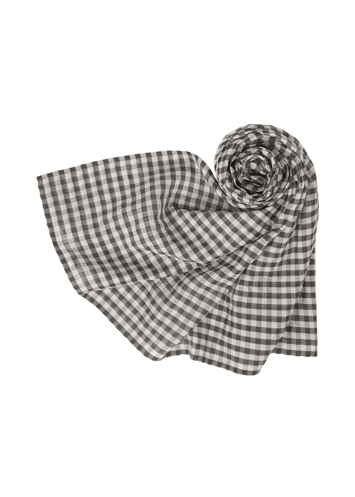 The HaaT 2 SIDE PINTUCKING black-and-white checkered cotton silk stole is partially unrolled and arranged in a spiral on a white background. view 1 of 5