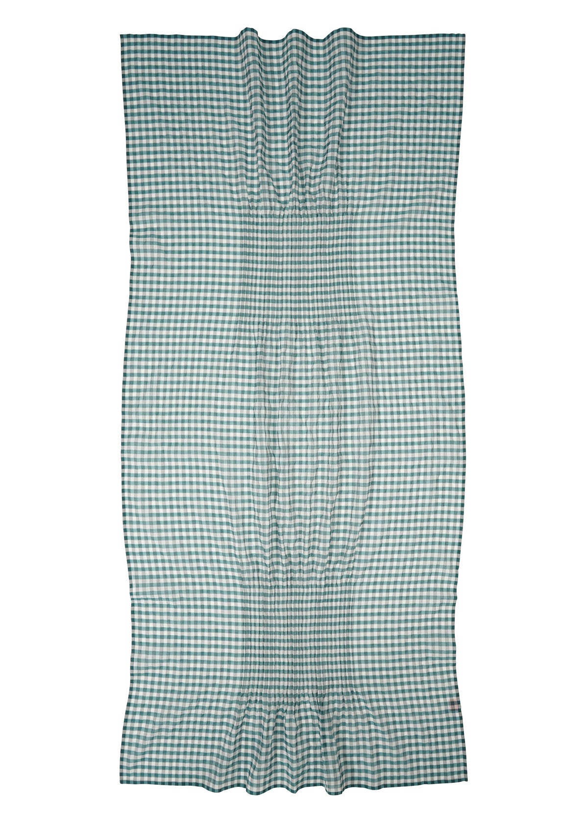 The HaaT 2 SIDE PINTUCKING stole features a rectangular cotton-silk blend with green and white checks and pintucked gathers at the center, creating a textured gingham pattern with a distinctive wrinkled effect. view 4 of 5