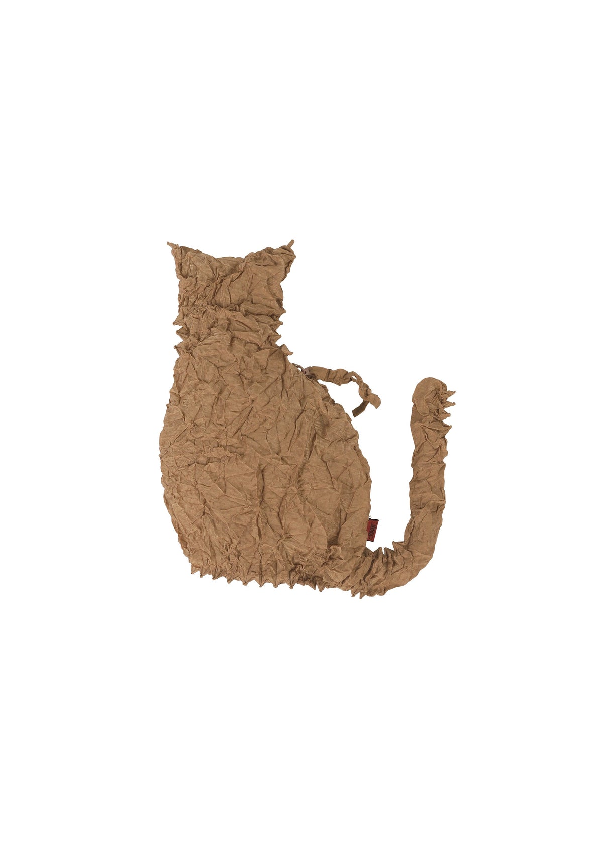 The KUMO CAT by HaaT is a crumpled brown paper sculpture shaped like a sitting cat with a curled tail, resembling a cat silhouette pouch, viewed from behind on a plain white background. view 2 of 6