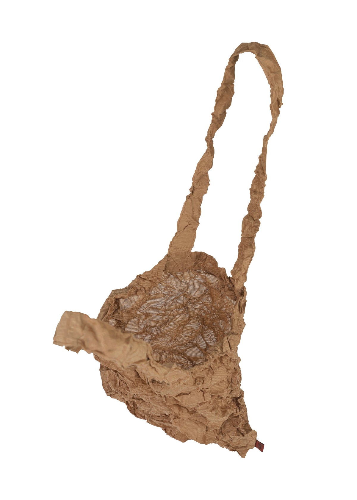 The HaaT KUMO CAT is a crumpled, brown shoulder bag with a long strap and irregular texture, inspired by Kumo Shibori patterns and photographed on a white background. view 5 of 6