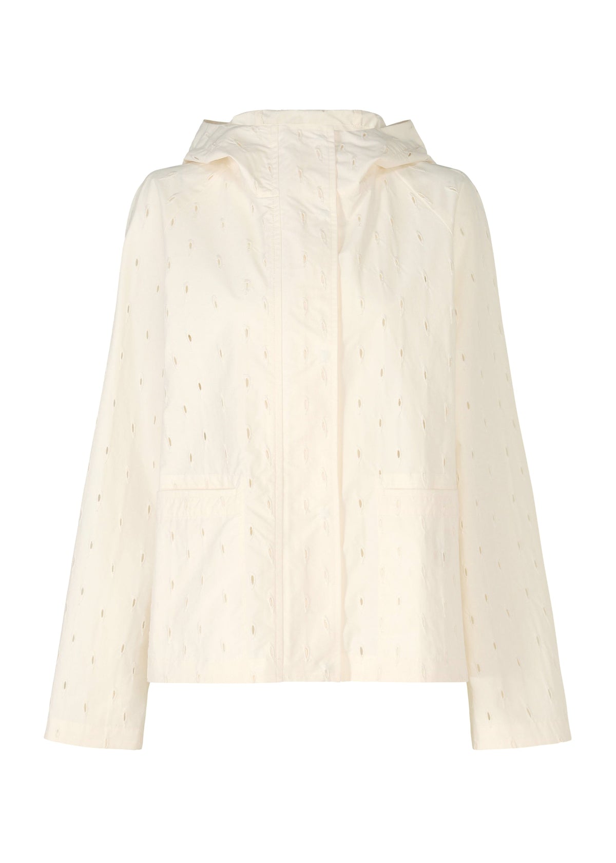 The TOBIKANNA jacket by HaaT features off-white embroidery, long sleeves, a front zipper, two pockets, and a hood. Its lightweight fabric and relaxed fit offer a casual look inspired by Tobikanna ceramic artistry. view 1 of 11