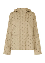 The TOBIKANNA jacket by HaaT is a beige, hooded design with long sleeves and a subtle dark feather-inspired pattern, featuring two large front pockets and a front closure. - BEIGE （no.41）