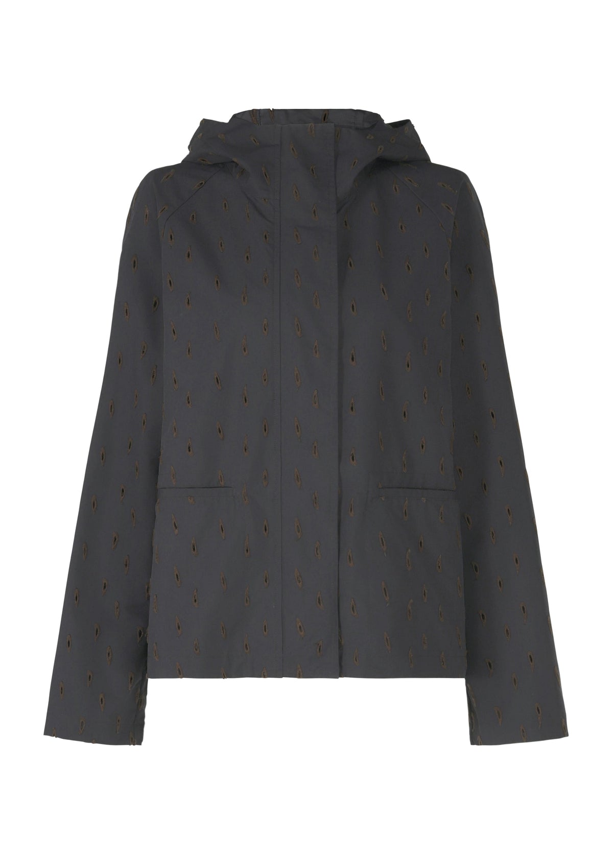 The TOBIKANNA jacket by HaaT features a dark gray hood, long sleeves, two front pockets, and small brown teardrop-shaped patterns inspired by Tobikanna ceramic. view 3 of 11