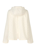 Back view of HaaT's TOBIKANNA jacket—a light cream, hooded, loose-fit piece with long sleeves and subtle vertical cut-out details inspired by delicate Tobikanna ceramic patterns throughout the fabric.