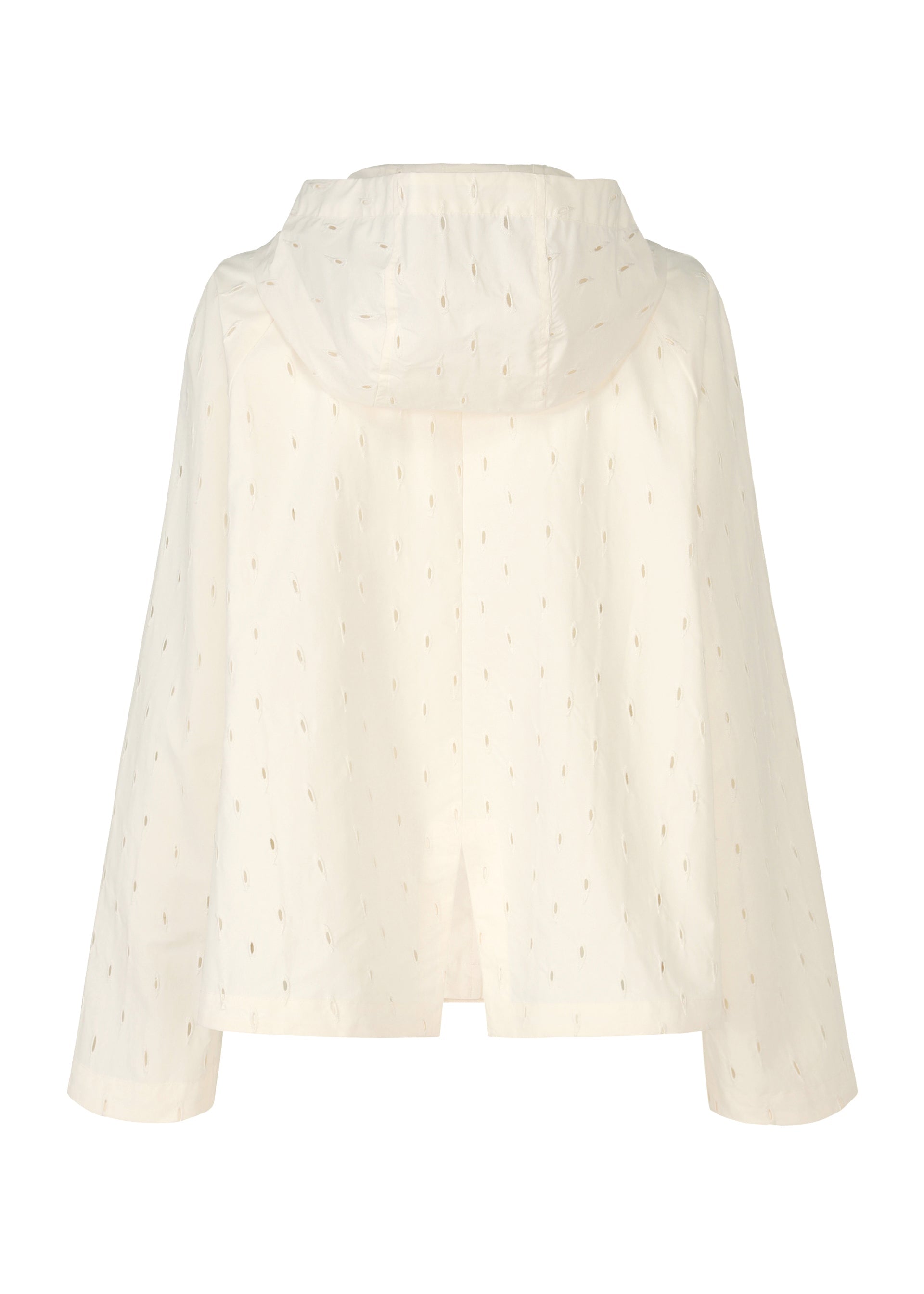 Zoomed view Back view of HaaT's TOBIKANNA jacket—a light cream, hooded, loose-fit piece with long sleeves and subtle vertical cut-out details inspired by delicate Tobikanna ceramic patterns throughout the fabric.