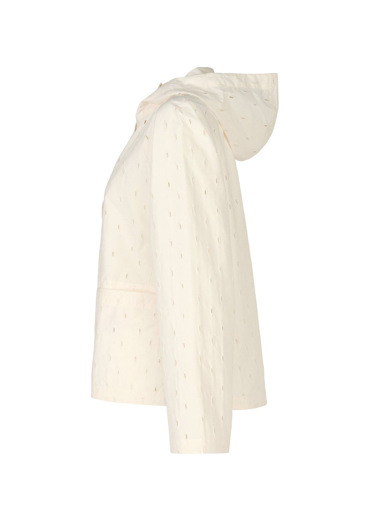 Side view of the TOBIKANNA embroidered jacket by HaaT, showcasing Tobikanna-inspired dot patterns, a light beige hood, long sleeves, and front pockets against a plain white background. view 5 of 11