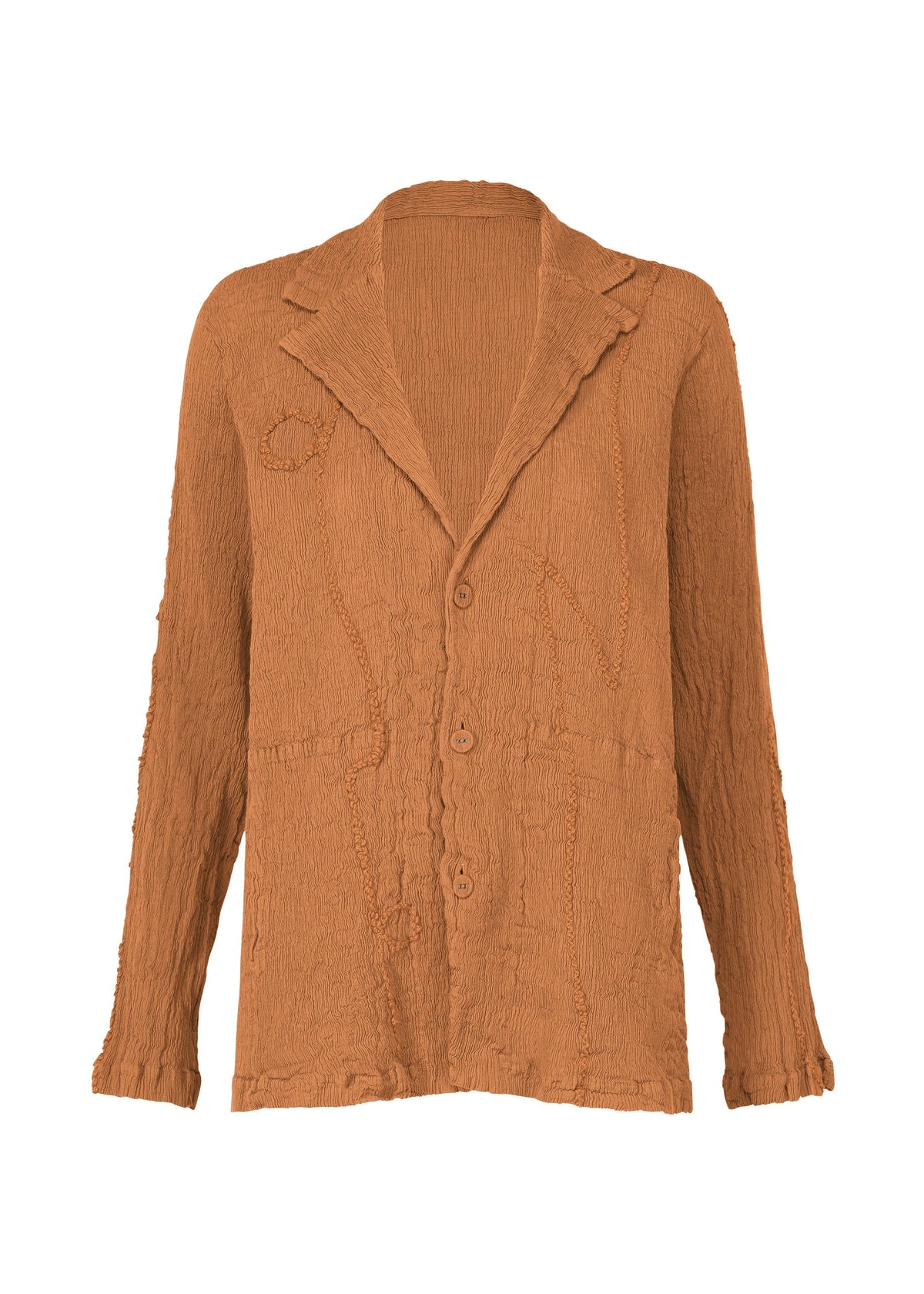 The HaaT KYO CHIJIMI EMB is a rust-hued tailored jacket with a notched lapel, three buttons, two pockets, and frayed edges. Its textured fabric has a unique crinkled finish for an artful look. view 2 of 9
