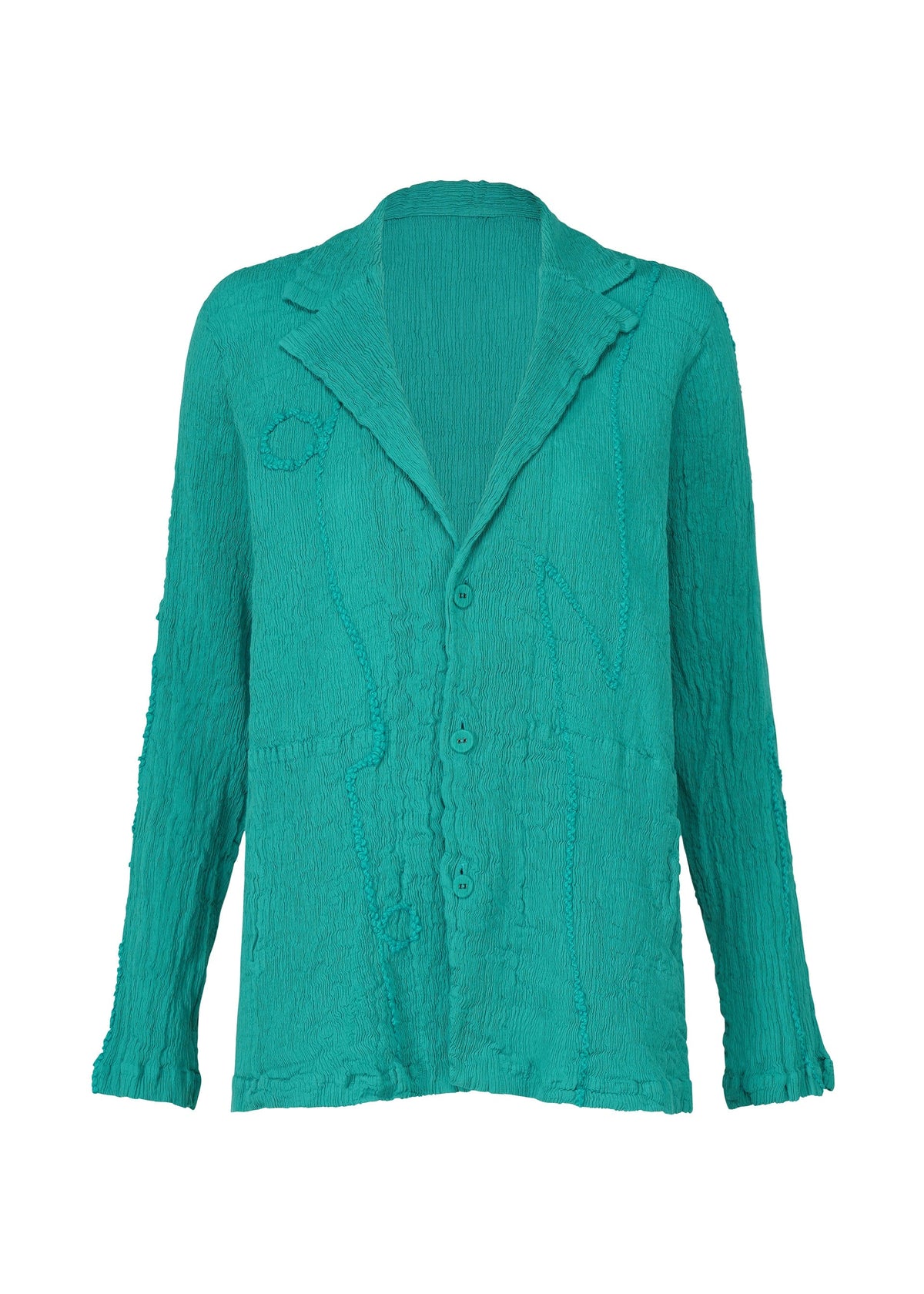 The KYO CHIJIMI EMB by HaaT is a teal, textured tailored jacket with a relaxed fit, notched lapel collar, three front buttons, two large pockets, raw edges, and unique Garabo thread detailing. view 3 of 9