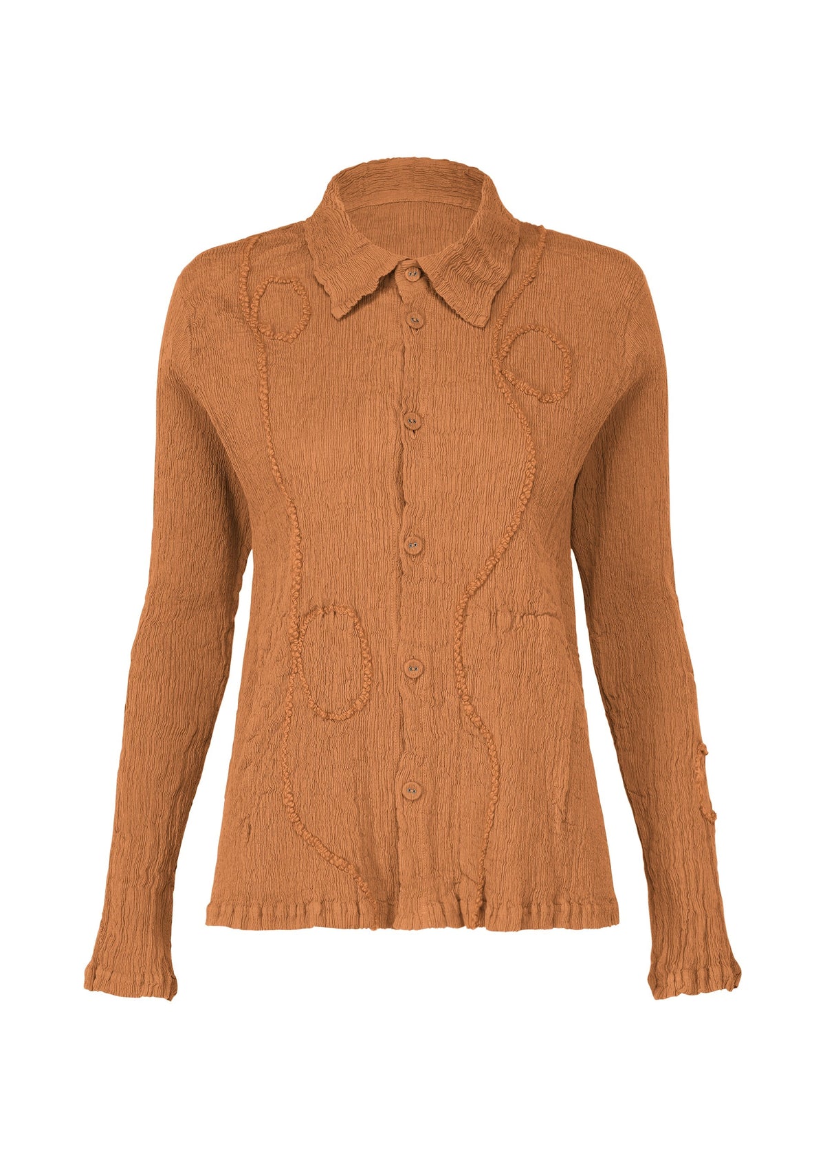 The KYO CHIJIMI EMB by HaaT is a light brown, long-sleeve button-up shirt with a collar, featuring abstract front patterns and Garabo-inspired delicate curved embroidery. view 2 of 9