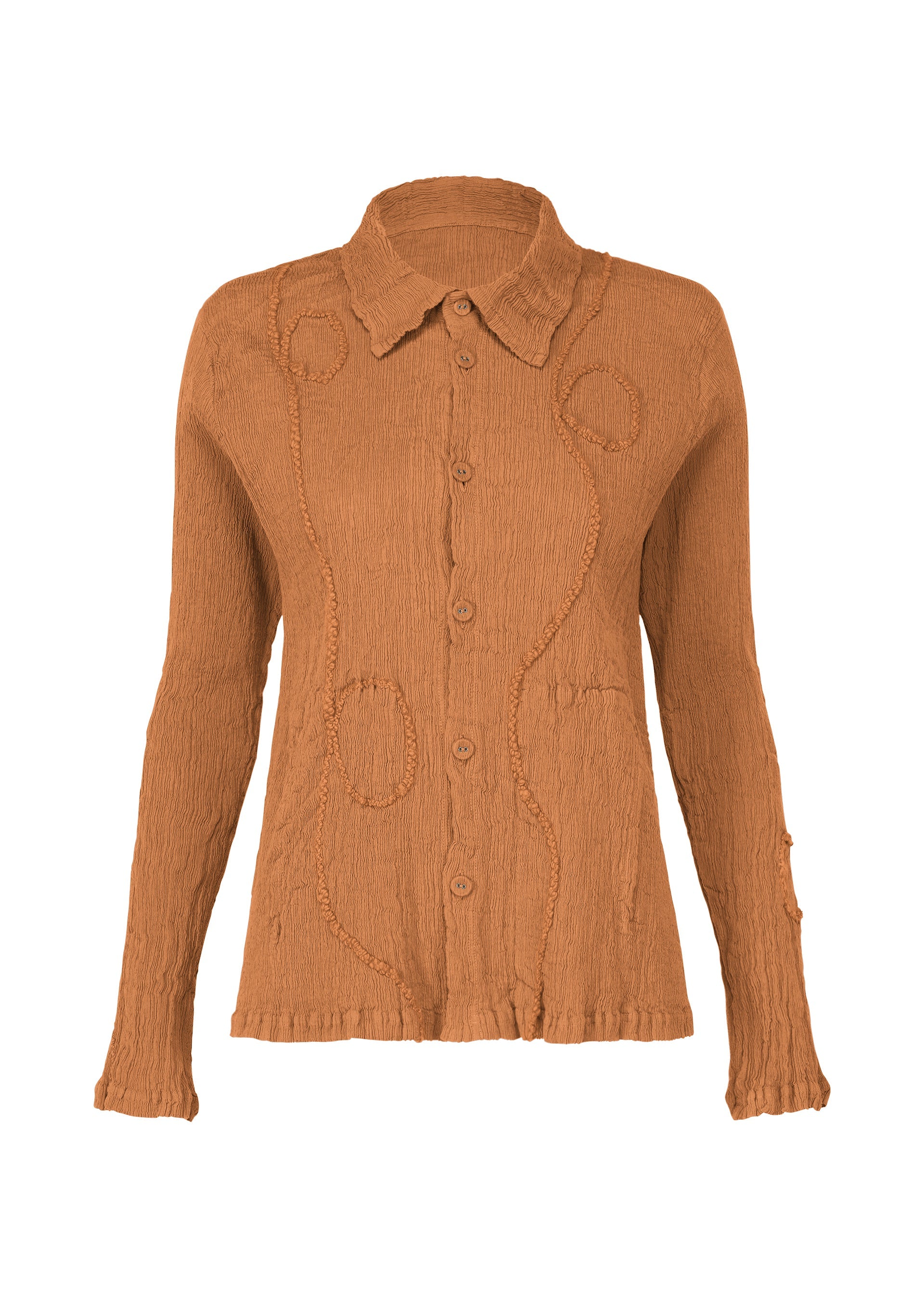 Zoomed view The KYO CHIJIMI EMB by HaaT is a light brown, long-sleeve button-up shirt with a collar, featuring abstract front patterns and Garabo-inspired delicate curved embroidery. - CAMEL （no.42）