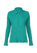 The KYO CHIJIMI EMB by HaaT is a teal long-sleeve button-up shirt featuring textured fabric, abstract stitched designs, and graceful curved embroidery on the front and sleeves. - PEACOCK （no.63）