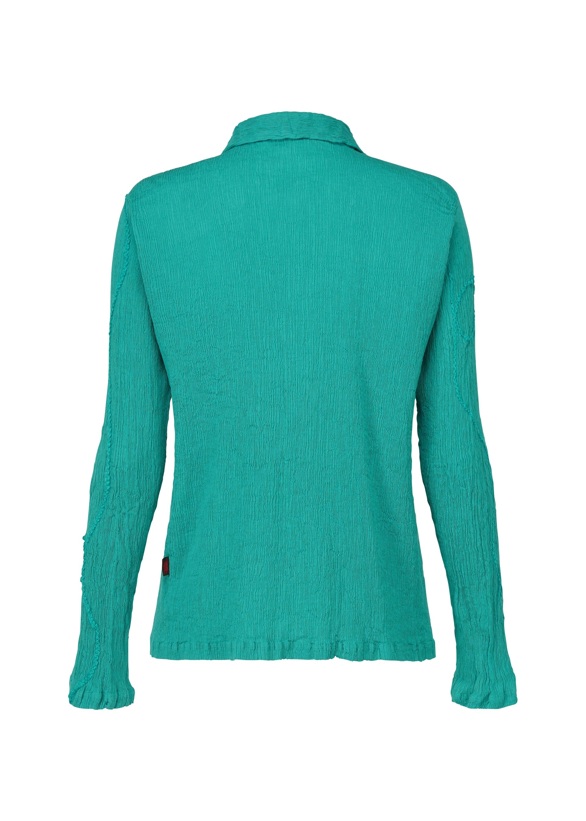 Zoomed view The KYO CHIJIMI EMB by HaaT is a teal long-sleeve shirt with textured fabric, a collar, fitted waist, and subtle curved embroidery inspired by traditional Garabo thread, shown from the back on a white background.