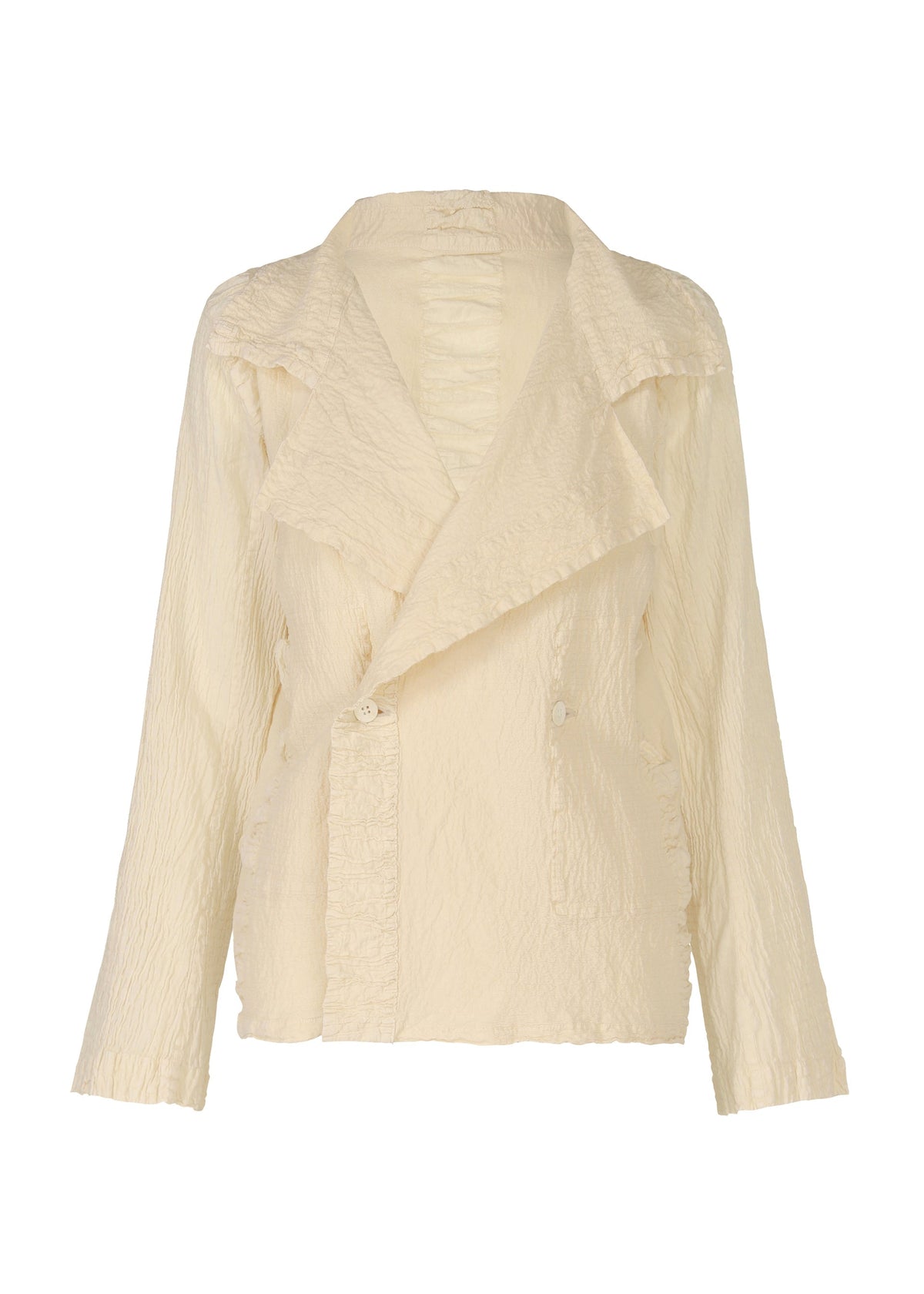 The TENMOKU COTTON blazer by HaaT is cream-colored with a textured, garment-dyed finish, long sleeves, a wide notched lapel, and features a double-breasted button design that adds subtle three-dimensional shading. view 1 of 9