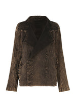 The TENMOKU COTTON jacket by HaaT is a textured brown, crinkled, garment-dyed piece with a wide lapel collar and long sleeves featuring three-dimensional shading, shown against a plain white background. - BROWN (no.44)