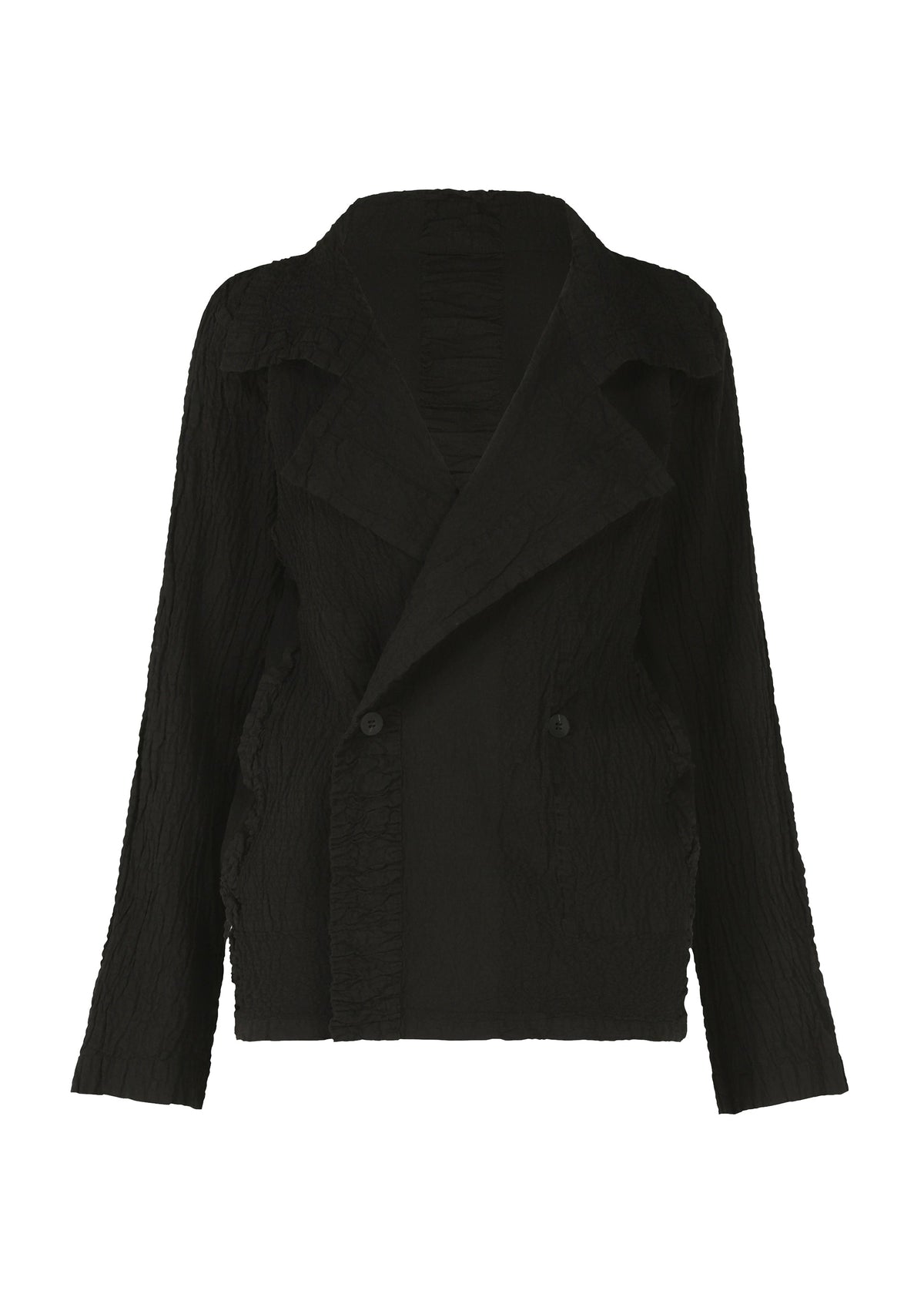 The HaaT TENMOKU COTTON women's blazer, shown against a white background, features a textured black garment-dyed fabric, relaxed fit, double-breasted front, wide lapels, and long sleeves. view 1 of 7