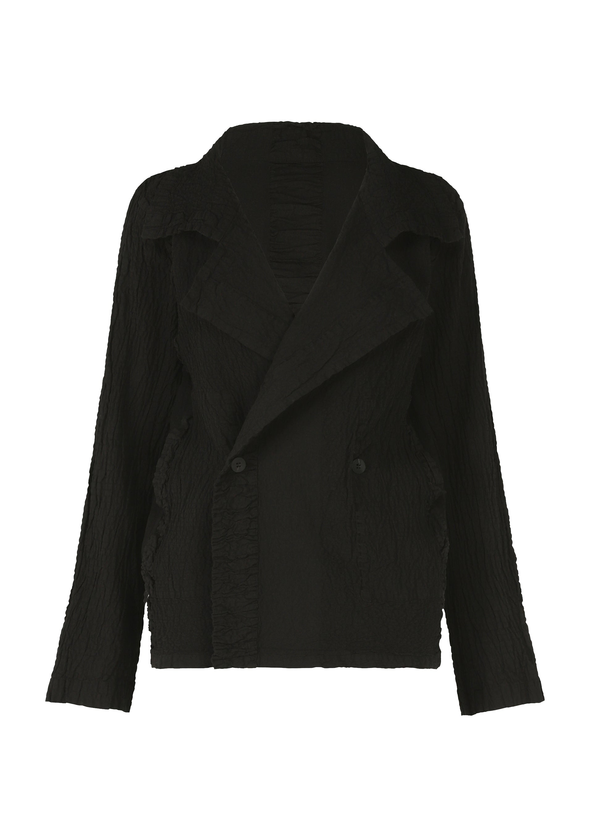 Zoomed view The HaaT TENMOKU COTTON women's blazer, shown against a white background, features a textured black garment-dyed fabric, relaxed fit, double-breasted front, wide lapels, and long sleeves. - BLACK （no.15）
