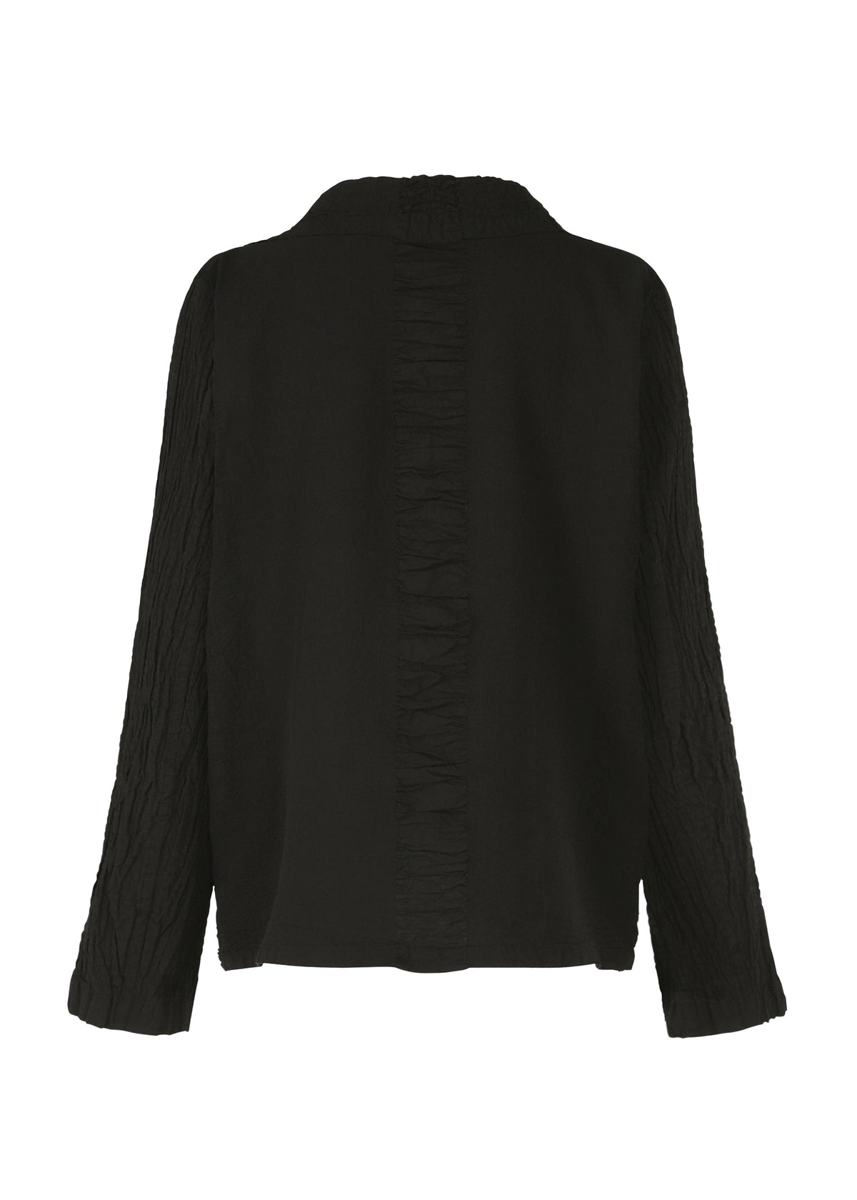 Back view of the HaaT TENMOKU COTTON black long-sleeved shirt with textured fabric, a central vertical textured panel on the back, and simple, relaxed hem and collar. view 2 of 7