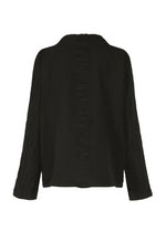 Back view of the HaaT TENMOKU COTTON black long-sleeved shirt with textured fabric, a central vertical textured panel on the back, and simple, relaxed hem and collar.