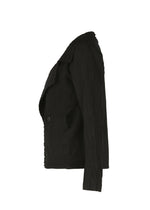 Side view of HaaT's TENMOKU COTTON black blazer in crinkled textured fabric with single button closure, garment-dyed for an artisanal touch inspired by Tenmoku ceramics, shown against a white background.