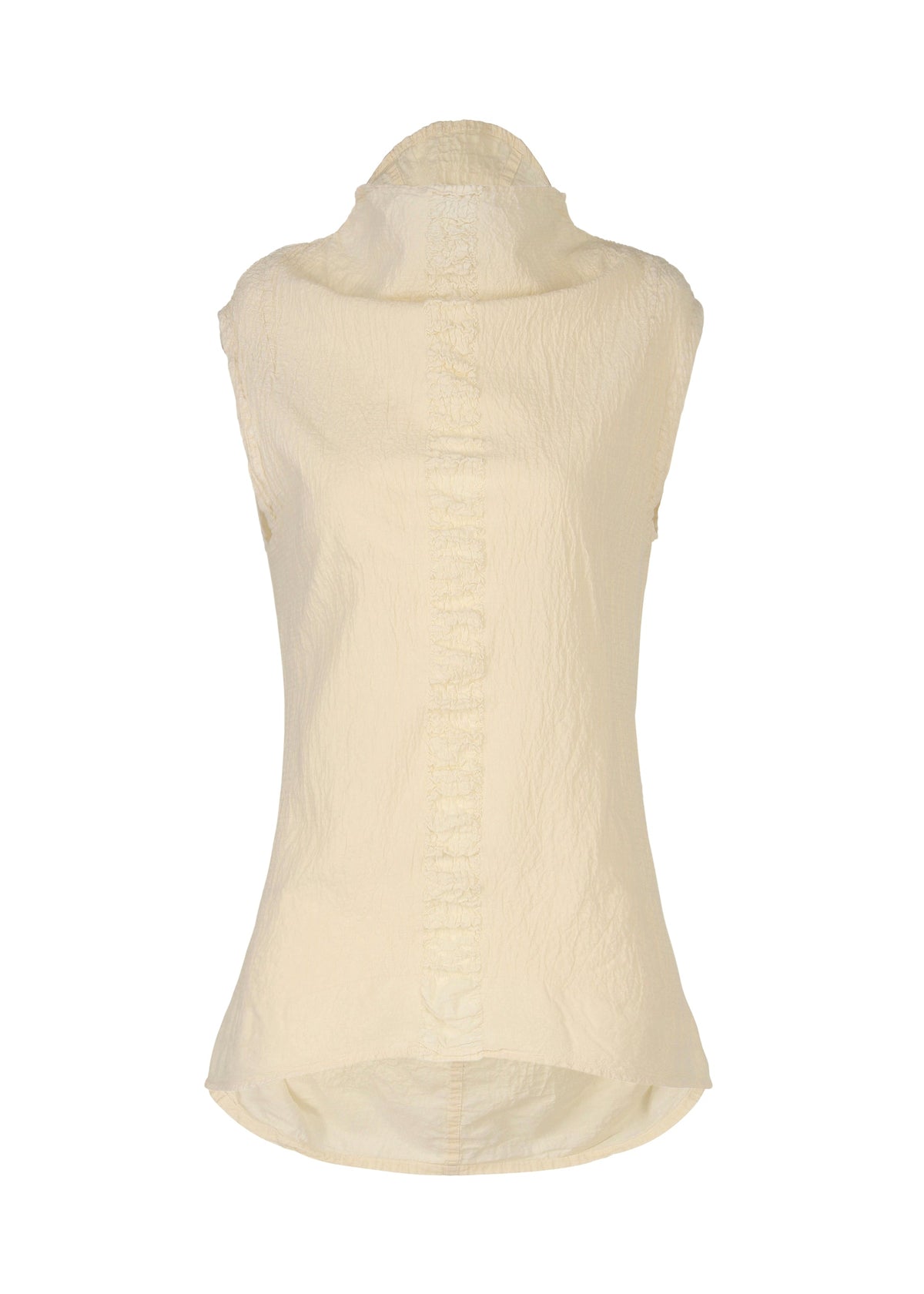 The HaaT TENMOKU COTTON top is sleeveless and cream-colored, featuring a high gathered neckline, a subtly crinkled texture inspired by Tenmoku ceramics, and a slightly flared long back hem. view 1 of 8