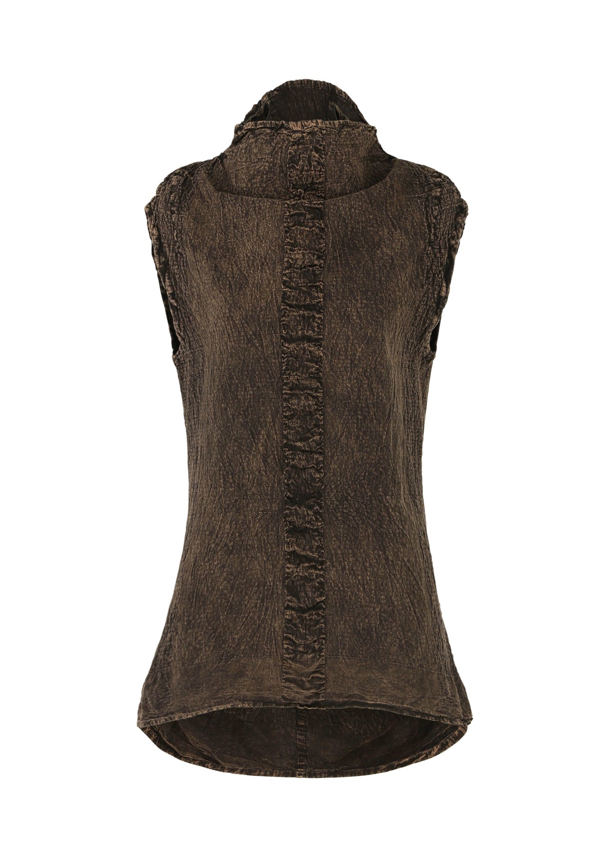 The TENMOKU COTTON sleeveless top by HaaT features a rich brown, garment-dyed fabric with a high collar, textured finish, vertical ruffled back seam, and an elegantly curved hem that's longer in the back. view 2 of 8
