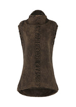 The TENMOKU COTTON sleeveless top by HaaT features a rich brown, garment-dyed fabric with a high collar, textured finish, vertical ruffled back seam, and an elegantly curved hem that's longer in the back. - BROWN （no.44）