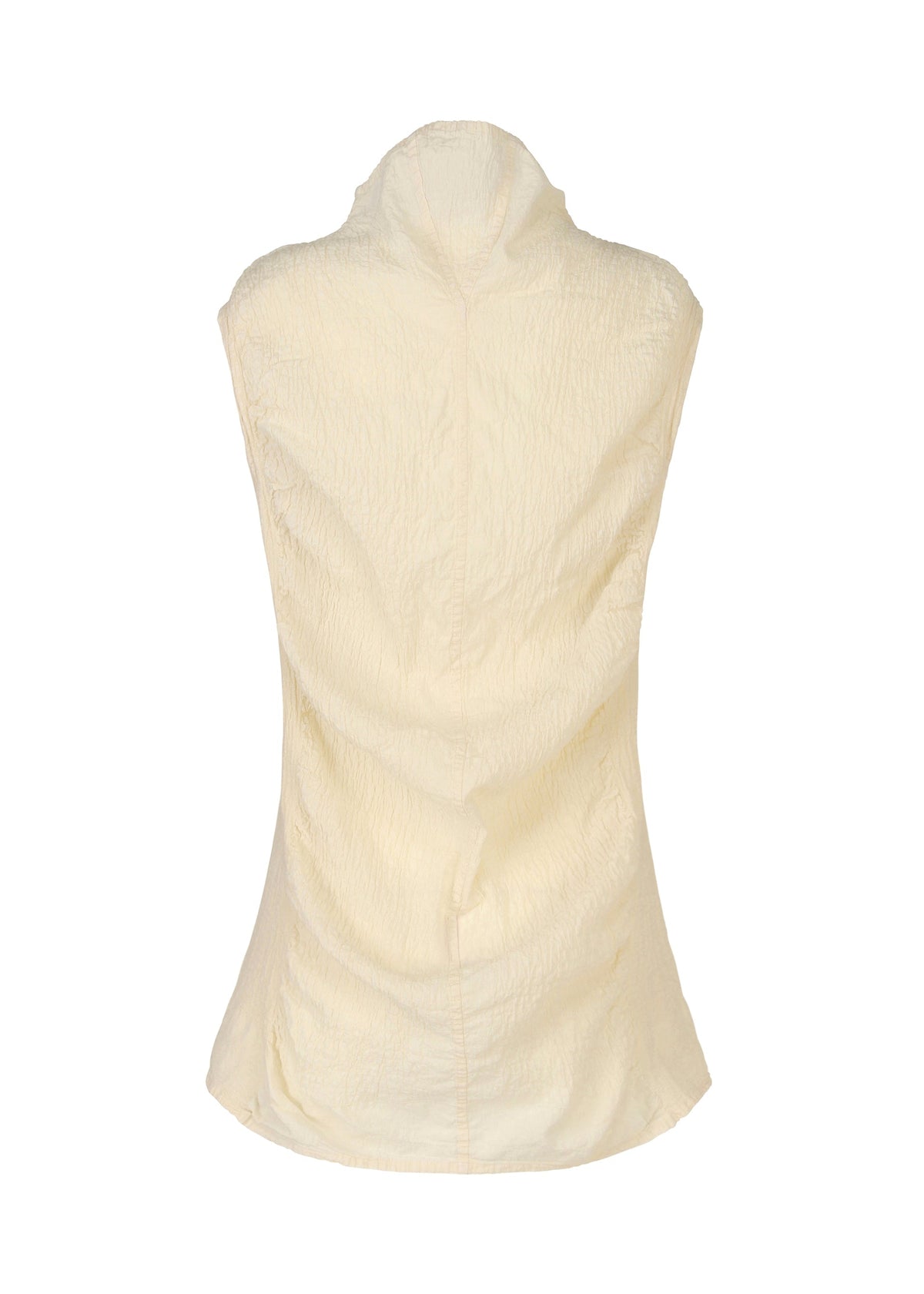 The TENMOKU COTTON by HaaT is a sleeveless light beige or cream top with a high collar and textured, garment-dyed fabric, displayed from the back against a white background. view 3 of 8