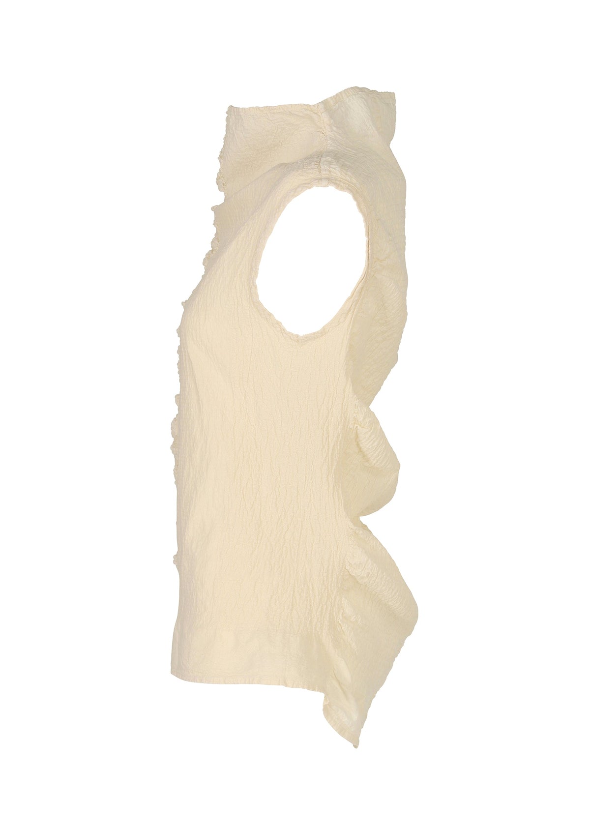 The TENMOKU COTTON by HaaT is an off-white sleeveless top with garment-dyed fabric, featuring an asymmetrical ruffled design cascading from the shoulder and a crinkled texture for a sculptural, modern look. view 4 of 8