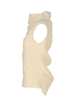 The TENMOKU COTTON by HaaT is an off-white sleeveless top with garment-dyed fabric, featuring an asymmetrical ruffled design cascading from the shoulder and a crinkled texture for a sculptural, modern look.