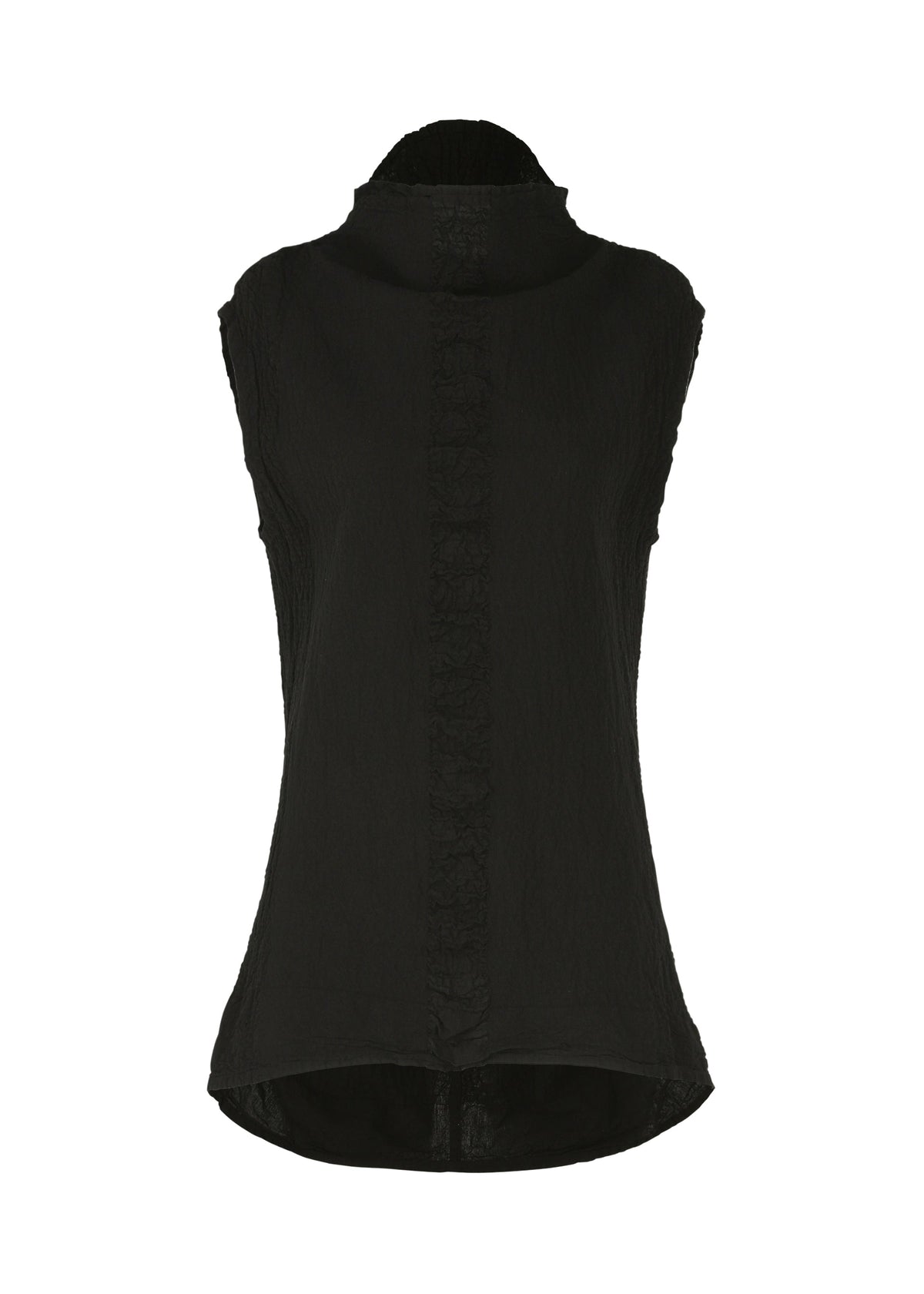 The TENMOKU COTTON top by HaaT is a sleeveless black garment-dyed piece with a subtle mottled finish, extended back hem, and a decorative front panel inspired by Tenmoku ceramic glaze. view 1 of 4