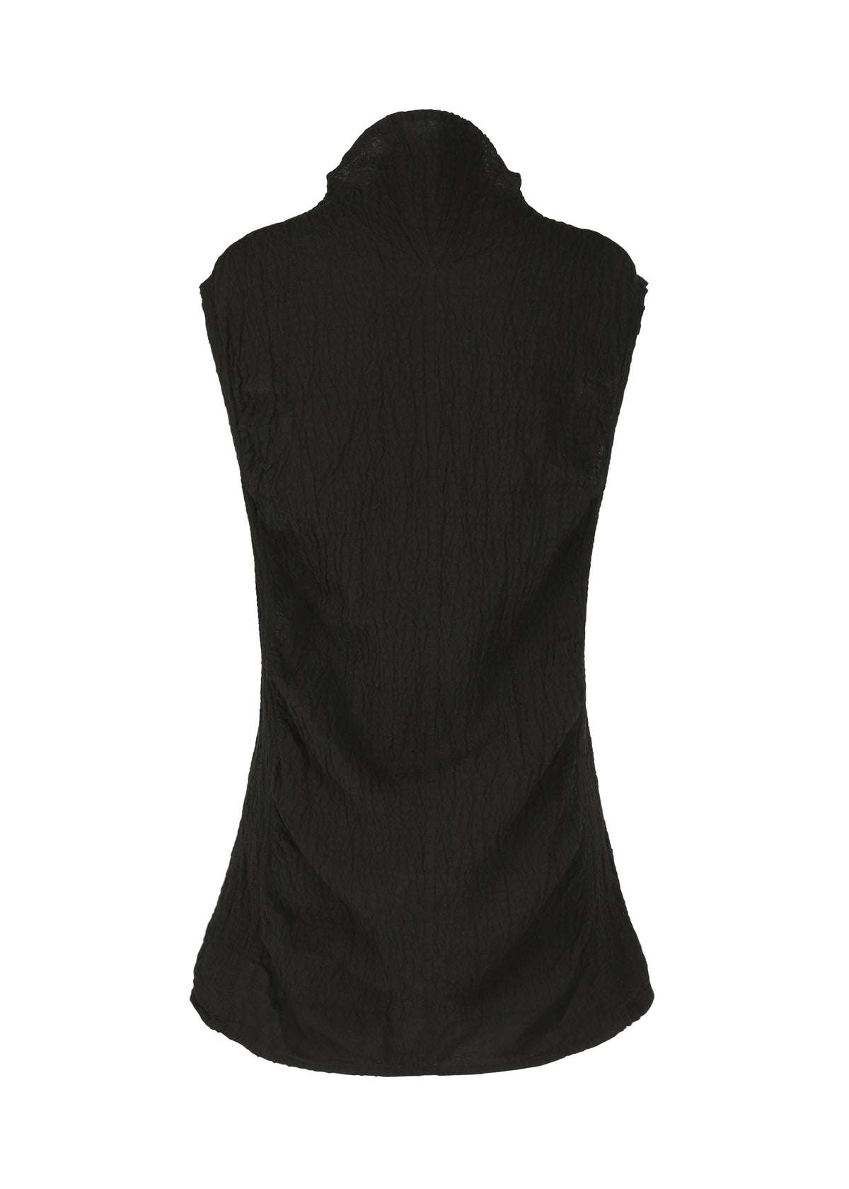 Back view of the HaaT TENMOKU COTTON sleeveless black top, garment-dyed with a mottled pattern and high collar, shown against a plain white background. view 2 of 4