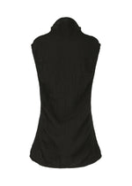 Back view of the HaaT TENMOKU COTTON sleeveless black top, garment-dyed with a mottled pattern and high collar, shown against a plain white background.