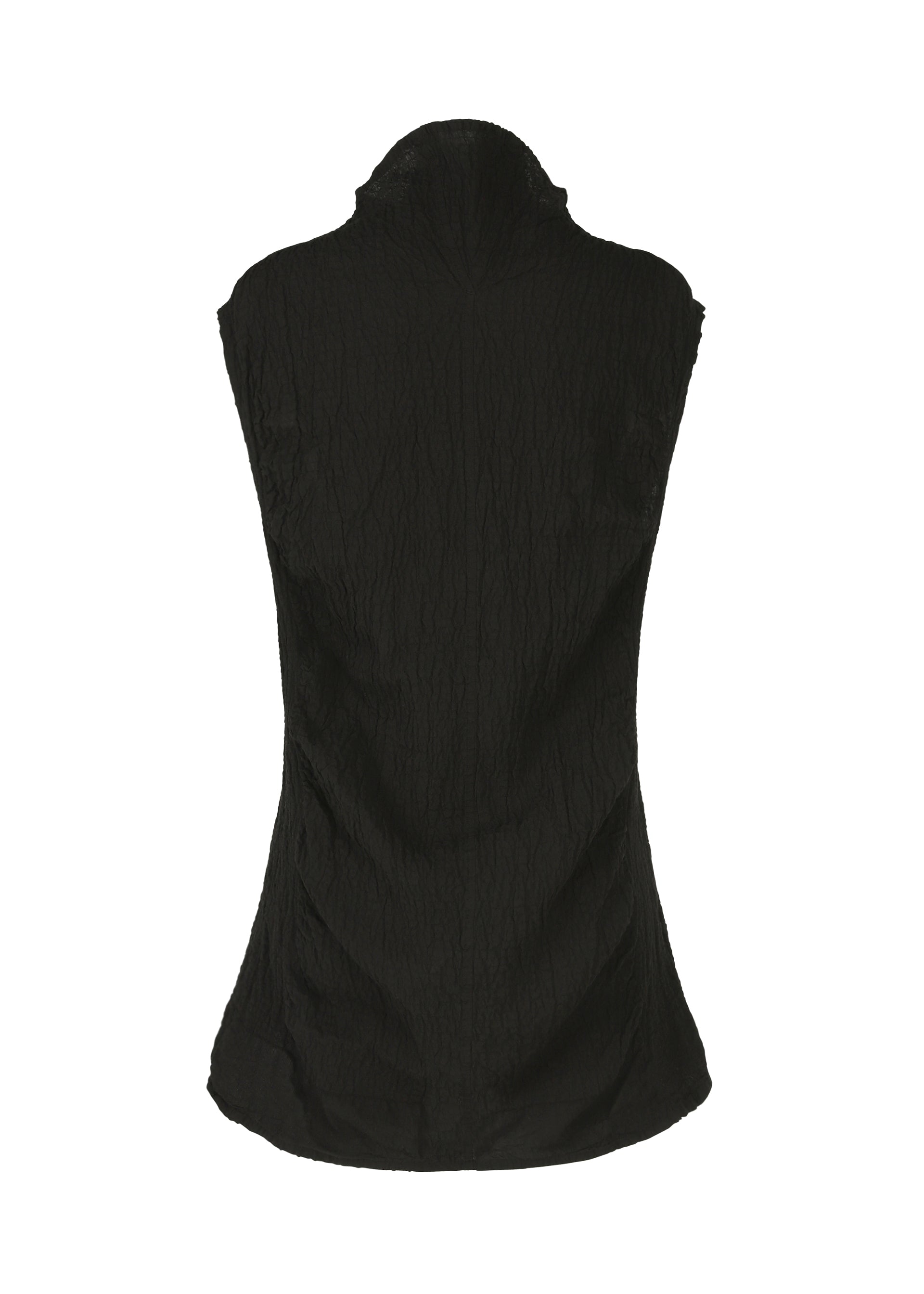Zoomed view Back view of the HaaT TENMOKU COTTON sleeveless black top, garment-dyed with a mottled pattern and high collar, shown against a plain white background.