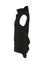 The HaaT TENMOKU COTTON is a sleeveless black garment-dyed top with a crinkled texture, asymmetrical hem, raw edges, and a subtle mottled pattern inspired by Tenmoku ceramics, shown from the side against a white background.
