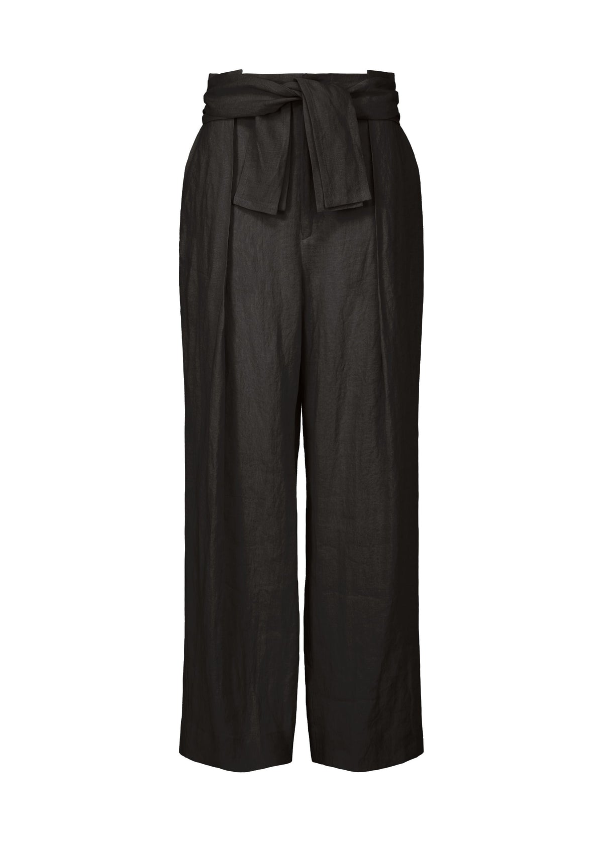 The JIKI pants by HaaT are high-waisted, black wide-leg trousers with a relaxed fit, matching fabric belt, and pleated details. These breathable pants offer an elegant silhouette and are shown against a white background. view 1 of 8