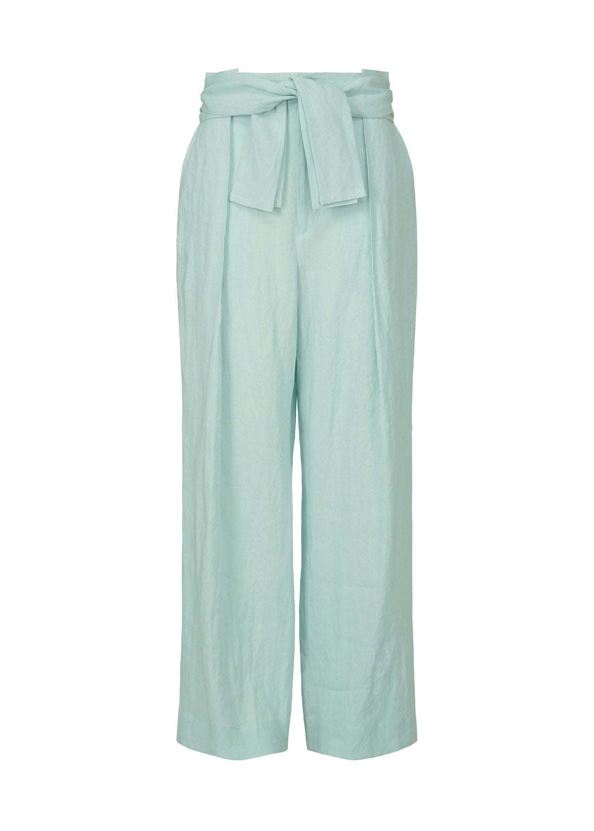 The JIKI trousers by HaaT are light blue, high-waisted French linen pants featuring a wide-leg design, fabric belt with bow, front pleats, and a relaxed fit for an elegant silhouette. view 2 of 8