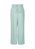 The JIKI trousers by HaaT are light blue, high-waisted French linen pants featuring a wide-leg design, fabric belt with bow, front pleats, and a relaxed fit for an elegant silhouette. - LIGHT BLUE （no.70）