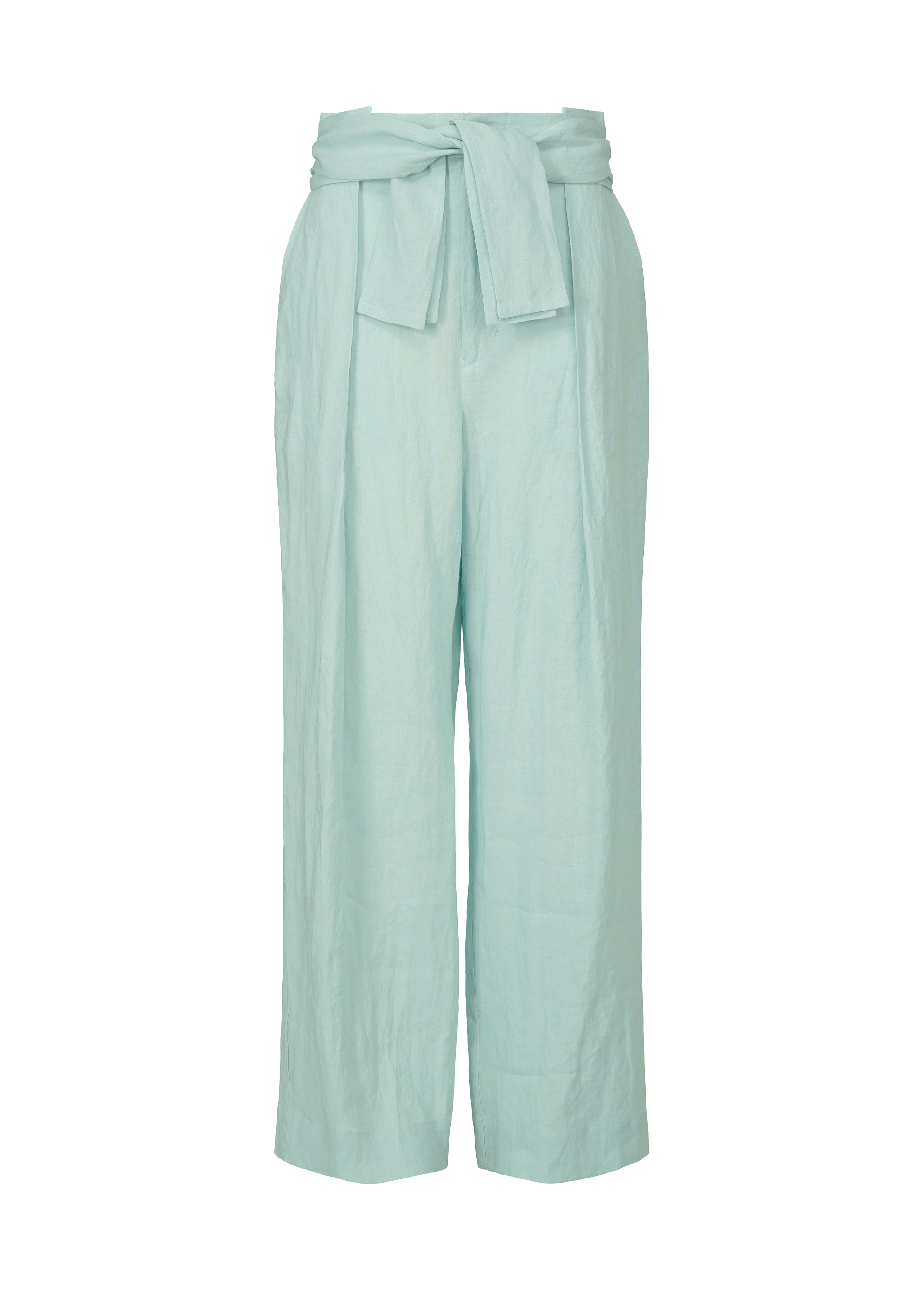 Zoomed view The JIKI trousers by HaaT are light blue, high-waisted French linen pants featuring a wide-leg design, fabric belt with bow, front pleats, and a relaxed fit for an elegant silhouette. - LIGHT BLUE （no.70）