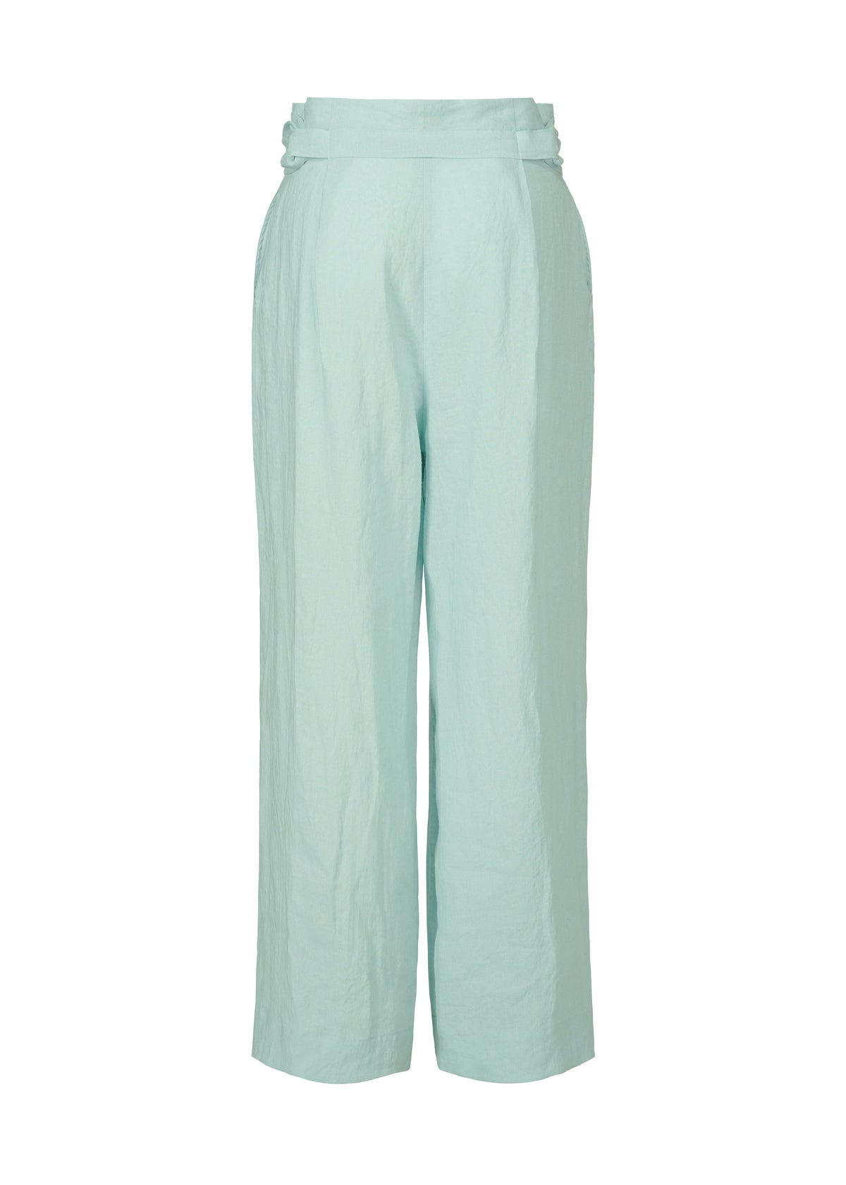 The JIKI pants by HaaT are light blue, high-waisted, wide-leg trousers crafted from soft French linen. Featuring a loose fit, subtle seam details, and a plain waistband, they offer an elegant and breathable silhouette. view 3 of 8