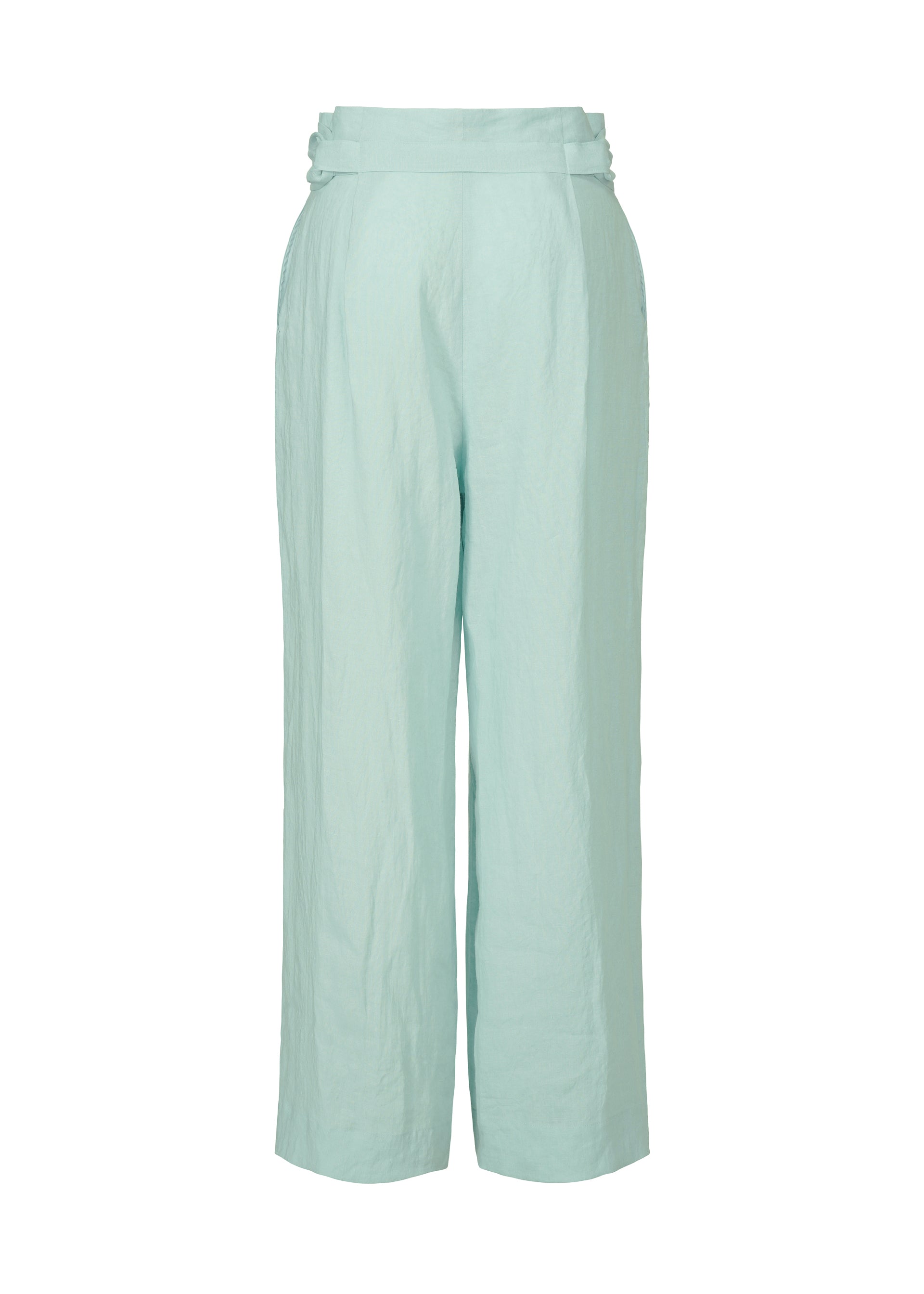 Zoomed view The JIKI pants by HaaT are light blue, high-waisted, wide-leg trousers crafted from soft French linen. Featuring a loose fit, subtle seam details, and a plain waistband, they offer an elegant and breathable silhouette.