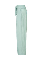 The HaaT JIKI pants are light blue, high-waisted, wide-leg French linen trousers with a tied fabric belt. Seen from the side, they have a relaxed fit and slightly textured look for an elegant silhouette.