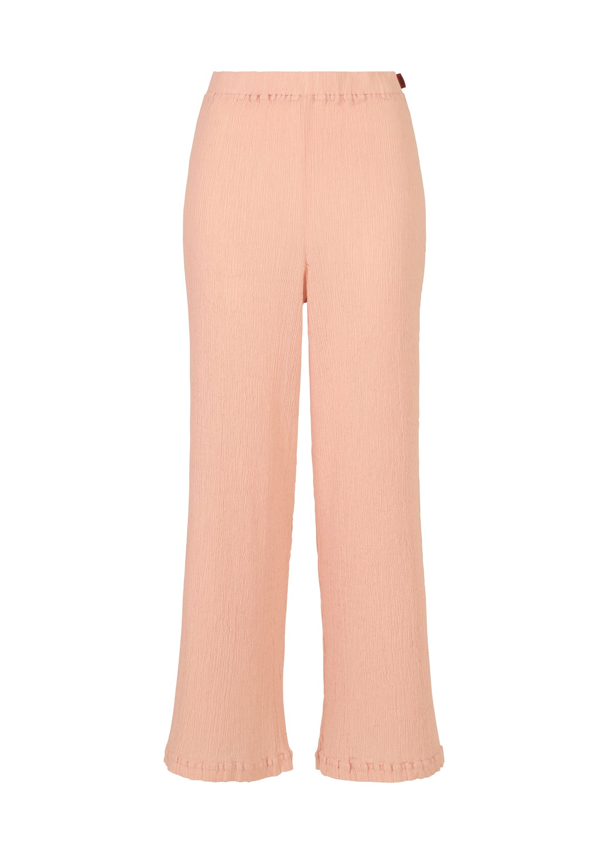 The HaaT KYO CHIJIMI FEBRUARY pants in light pink are made from ultra-fine cotton with a textured finish, featuring a high waist, wide legs, and subtle ruffle details at the waistband and hem. Shown against a white background. view 2 of 8