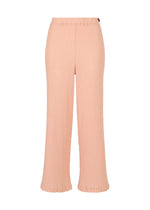 The HaaT KYO CHIJIMI FEBRUARY pants in light pink are made from ultra-fine cotton with a textured finish, featuring a high waist, wide legs, and subtle ruffle details at the waistband and hem. Shown against a white background. - PALE PINK （no.21）